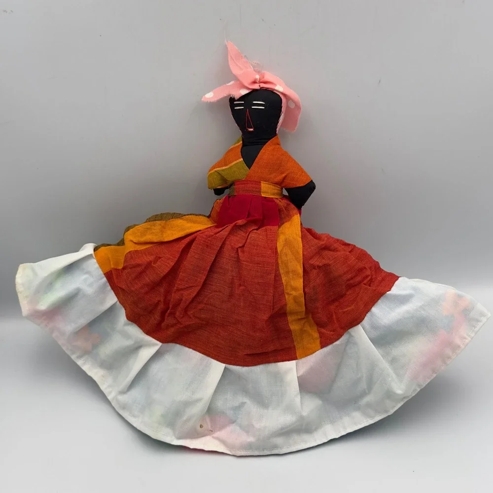 Vintage Handmade‎ Topsy Turvy Reversible Cloth Doll Floral Orange Folk Art 11